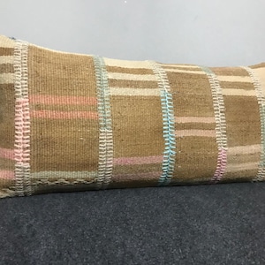 Blue Striped Kilim Lumbar Pillow Cover: Vintage Turkish Wool (13x24 inches)