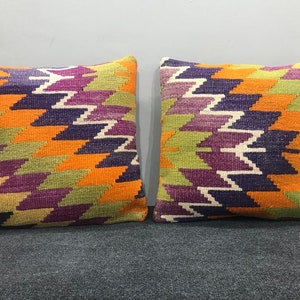 Vintage Turkish Wool Pillow Cover Pair: Bohemian Lumbar Cushion (15x15 inches)