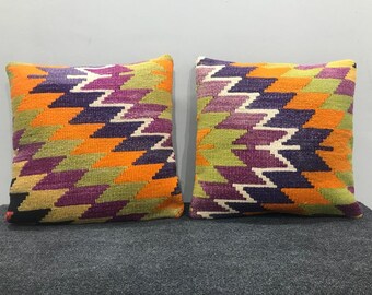 Vintage Turkish Wool Pillow Cover Pair: Bohemian Lumbar Cushion (15x15 inches)