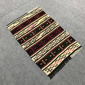 Vintage embroidery small rug , Striped small kilim rug ,Turkish small rug ,Door mat rug , Minimalist small rug, Square small rug, 2.3x3.4 ft