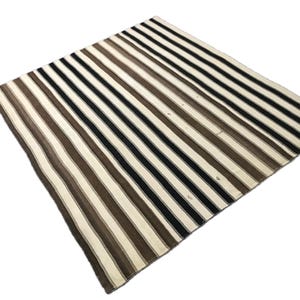 9x10 Oversize Area Kilim Rug , Minimalist Neutral Kilim Rug,  Stripe Desing Area Kilim Rug , Natural White with Black and Brown Rug,9.6x10.8