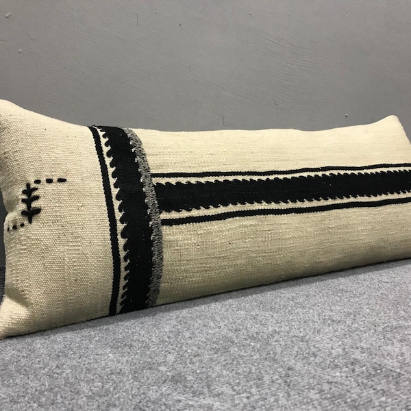 Pillow Neutral Wool Kilim Lumbar Pillow, Organic Cream Wool with Natural Black Striped Kilim Pillow Case, Xl Pillow Cover , 12" x 31" inches