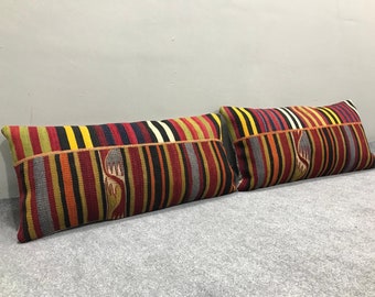 Vintage Turkish Kilim Lumbar Pillow Cover Pair: Boho Rustic Cushion (13&quot;x26&quot;)