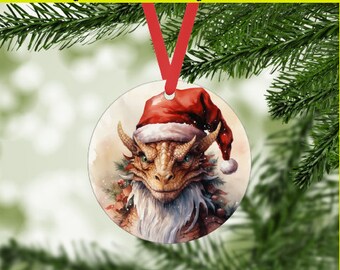Dragon Christmas Ornament 5 - Santa Dinosaur Digital png - instant download - big lizard art - holiday gift tags, pendant - dnd rpg - teen