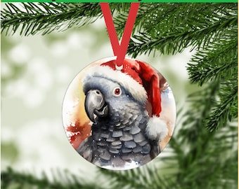 African Gray Christmas Ornament 3 - Digital png File - Instant Download - Gift Tag - exotic pet bird diy holiday craft - parrot in Santa hat