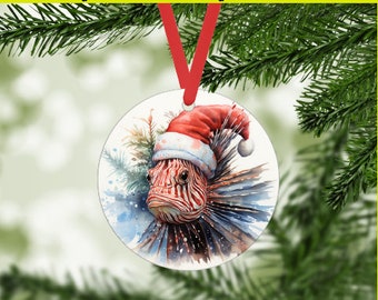 Santa Lionfish Christmas Ornament Digital PNG - Saltwater Fish Holiday Gift Tags - DIY Crafts, Handmade Pet Gifts