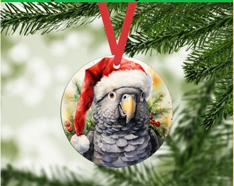 African Gray Christmas Ornament 2 - Digital png File - Instant Download - Gift Tag - exotic pet bird diy holiday craft - parrot in Santa hat