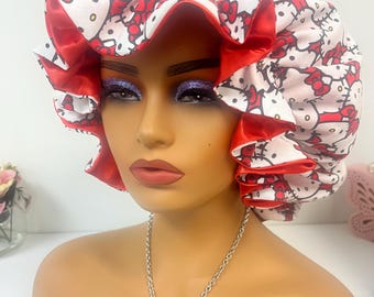 HK  Red Adjustable Cotton Satin Lined Bonnet