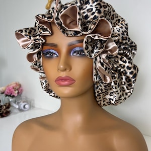 Champagne Leopard XL Adjustable Satin Bonnet
