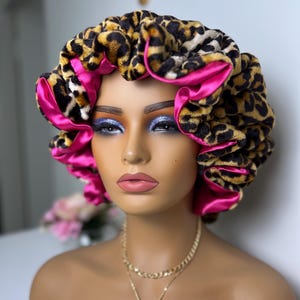 Leopard Print Adjustable Plush Bonnet w/ Ruffles