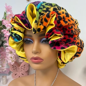 Rainbow Leopard Print Adjustable Plush Bonnet w/ Ruffles YELLOW