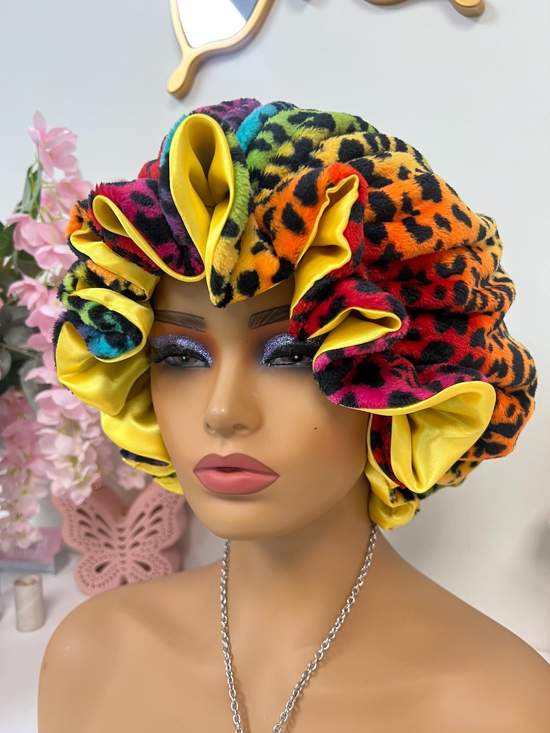 Rainbow Leopard Print Adjustable Plush Bonnet w/ Ruffles YELLOW