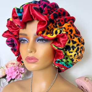 Rainbow Leopard Print Adjustable Plush Bonnet w/ Ruffles RED