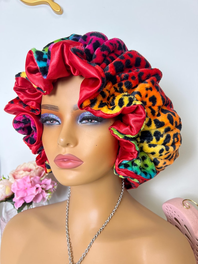 Rainbow Leopard Print Adjustable Plush Bonnet w/ Ruffles RED