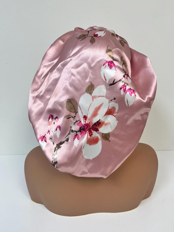 ?Lux Floral Pink Satin Bonnet? Comfort satin bonnet - Pink – Hair Wrap Heaven main image 4