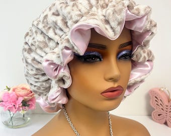 Tan Leopard Print Adjustable Satin Lined Plush Bonnet w/ Ruffles