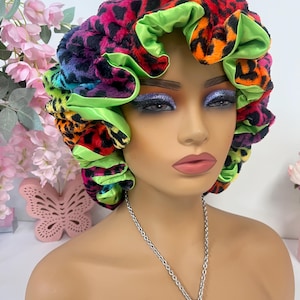 Rainbow Leopard Print Adjustable Plush Bonnet w/ Ruffles LIME GREEN