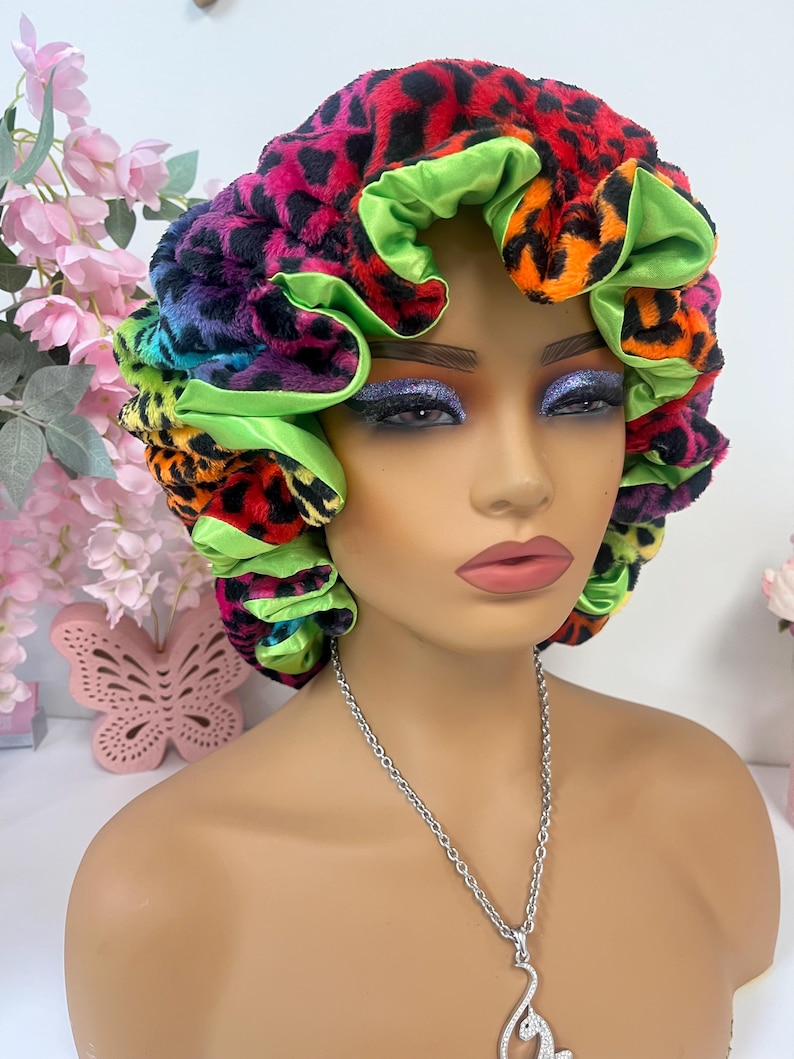 Rainbow Leopard Print Adjustable Plush Bonnet w/ Ruffles LIME GREEN