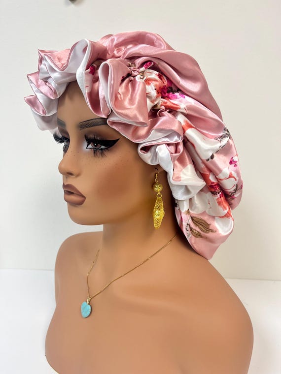 ?Lux Floral Pink Satin Bonnet? Comfort satin bonnet - Pink – Hair Wrap Heaven main image 3