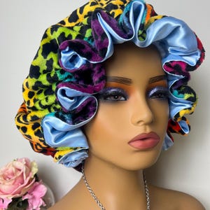 Rainbow Leopard Print Adjustable Plush Bonnet w/ Ruffles LIGHT BLUE