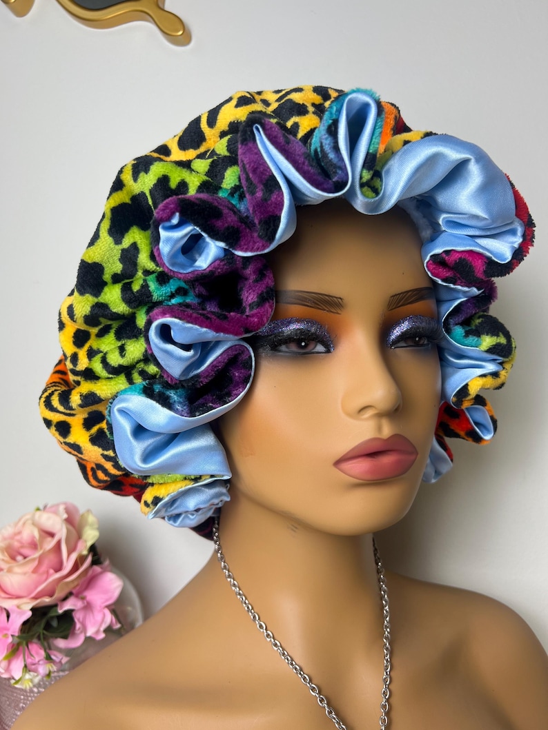 Rainbow Leopard Print Adjustable Plush Bonnet w/ Ruffles LIGHT BLUE
