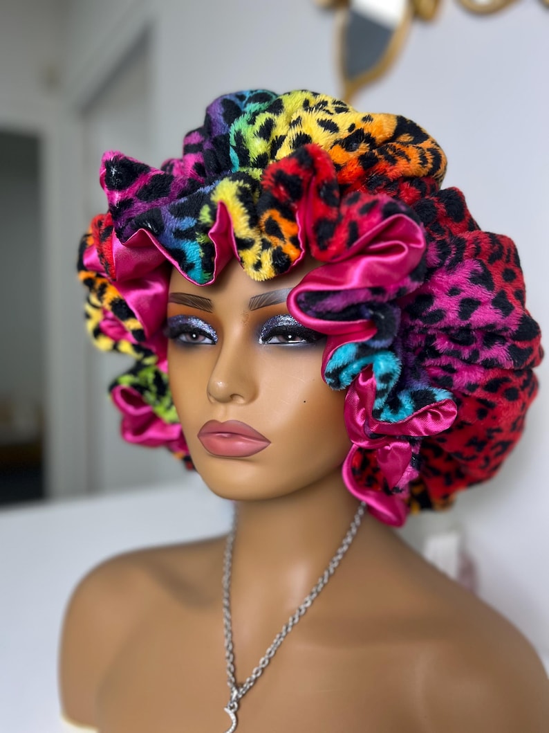 Rainbow Leopard Print Adjustable Plush Bonnet w/ Ruffles HOT PINK *trending
