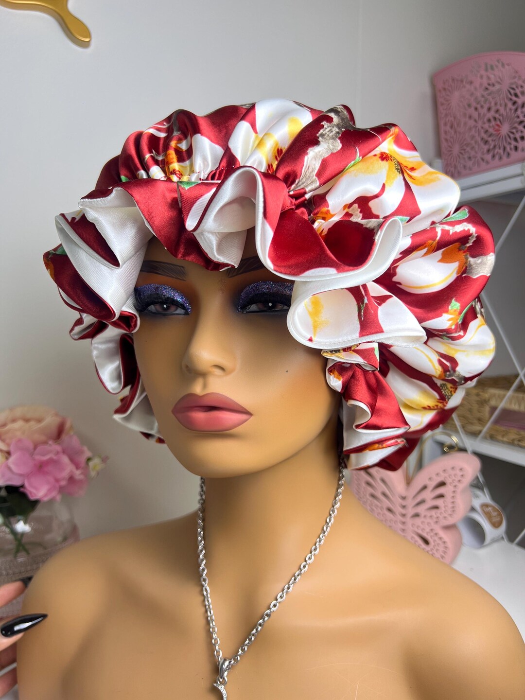 Deep Red & Ivory Ruffle Satin Bonnet - Etsy