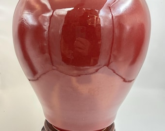 Vintage Thai Oxblood Glaze Ceramic Vase, Hand-Thrown Sang de Boeuf Pottery with Wooden Stand
