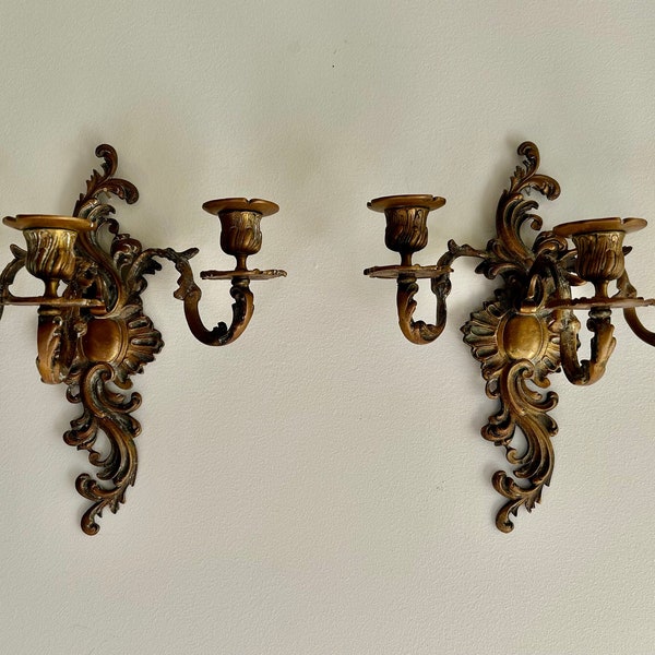 Wonderful Pair of Antique French Rococo Style Cast Bronze 3-Arm Wall Sconces