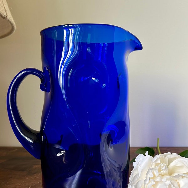 Vintage Large Mid-Century Modern Blenko Glass Cobalt Blue Dimple Glass Pitcher, 10" Height