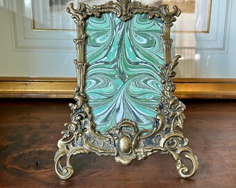 Vintage Solid Brass Rococo Easel Picture Frame, Ornate Scrollwork Tabletop Photo Holder