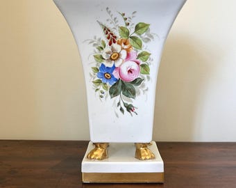 Vista Alegre Porcelain Vase, Hand Painted Floral Bouquet, Gold Gilt Paw Feet