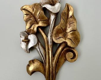 Vintage Spanish Gilded Wood Floral Wall Decor, Hollywood Regency Style