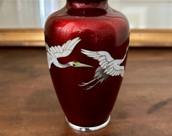Vintage Pigeon Blood Red Ginbari Japanese Silver Wire Small Cloisonné Vase w/ Cranes, 4-7/8"H