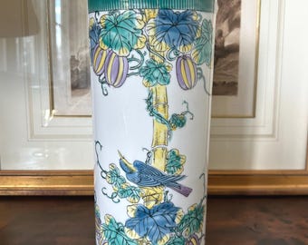 Vintage Famille Verte Porcelain "Hat" Vase: Hand-Painted Bird & Gourds, 11" Tall