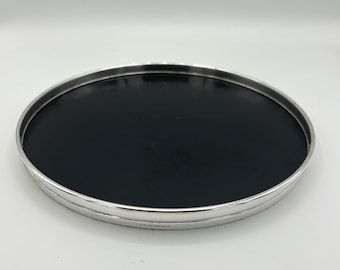 Gorham Sterling Silver Trivitray, Mid Century Modern Black Laminate Round Cocktail Tray Trivet, 9 Inch MCM Barware