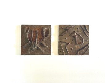 Pair Vintage Cast Iron Brutalist Abstract Mid Century Wall / Table Plaques, Sculptural Relief Panels
