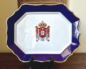 Vintage Portuguese Platter, Cobalt Blue Gold Armorial Crest, Chinese Export Style