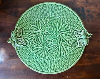Vintage Bordallo Pinheiro Majolica Cherry Platter, Green Basketweave Oval Serving Dish