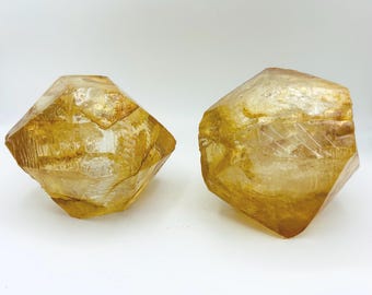 Large Amber Acrylic Crystal Sculptures – Pair, Faceted Gem Objects, Mid Century Modern Decor