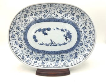 Vintage Andrea by Sadek Blue White Porcelain Oval Tray, Japanese Floral Chinoiserie Dish