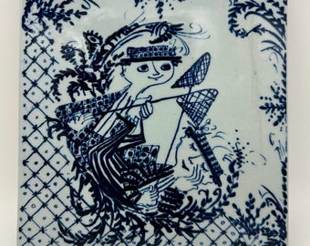Bjørn Wiinblad Ceramic Tile / Wall Plaque: Whimsical Blue White Faience MCM Scandinavian Art