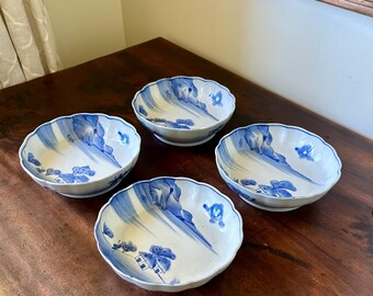 Set of 4 Vintage Japanese Porcelain Bowls – Hand-Painted Blue Mountain Village Scene
