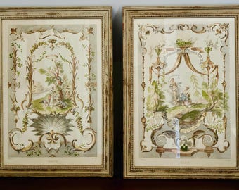 PAIR Vintage Framed Lithographs After Watteau: Rococo Garden Scenes