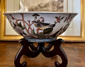 Beautiful Vintage Crackle Glaze Hand Painted Decorative Floral / Birds Bowl With Stand, 10"D