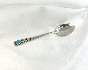 Mid-Century Native American Souvenir Spoon, Navajo Sterling Silver Turquoise Demitasse Spoon