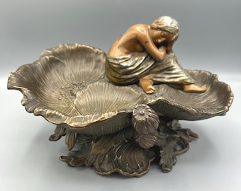 Art Nouveau Bronze Patinated Metal Figural Dish – Serene Maiden on Floral Base, c. 1900
