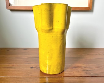 Vintage Acid Yellow Ceramic Vase Portugal Pottery Wavy Rim Sculptural Mid Century Modern Decor
