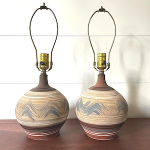 Pair of Mid-Century Modern Studio Pottery Lamps, 1960s Textured Ceramic, Brutalist Unglazed Earth Tone Lamps with Blue Wave Motif