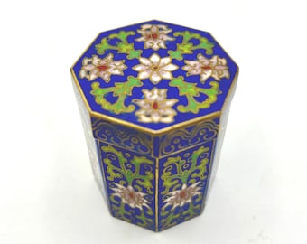 Vintage Polygonal Cloisonné Enamel Small Lidded Box: Blue Blossom Design